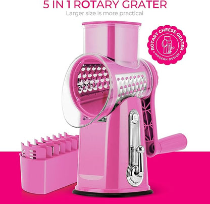 SUSTEAS Rotary Cheese Grater with Handle - Vegetable Shredder with 5 Well-designed Blades & Strong Suction Base,Round Mandoline Slicer & Food Chopper for Kitchen,with Blade Storage Box(Pink) - Image 8