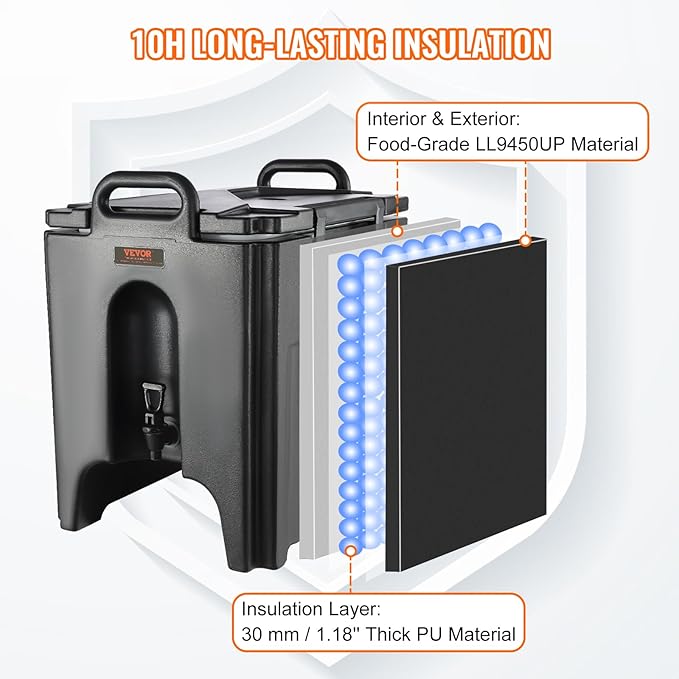 VEVOR Insulated Beverage Dispenser, 10 Gallon, Food-grade LL9450UP Hot and Cold Beverage Server, Thermal Drink Dispenser Cooler with 1.18 in PU Layer Two-Stage Faucet Handle, for Restaurant Drink Shop - Image 3