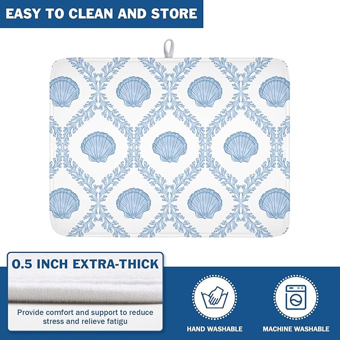 Summer Sea Shell Drying Mat 24x18 Inch, Light Blue Drying Mat with Absorbent Reversible Microfiber, Coastal Dish Drainer Mats Holiday Ocean Rack Pad for Coffee Countertop Kitchen Protector