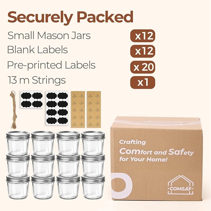 ComSaf 8 oz Wide Mouth Mason Jars, 12Pcs Glass Jars for Home Cooks Making Jam and Jelly, and Crafters Creating DIY Candles and Party Favors, Canning Jar with Lids and Rings，Includes Labels & Twine - Image 8