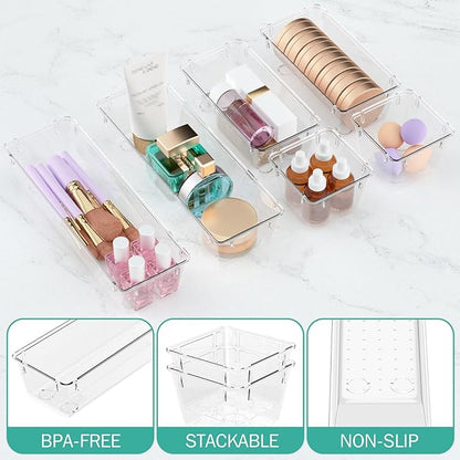 WOWBOX 12 Pack Clear Drawer Organizer Set, Acrylic Drawer Storage Trays, Storage Bins for Makeup, Cosmetics, Jewelries, Utensils, Gadgets, Office - Image 3