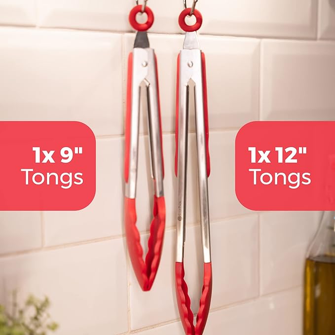 StarPack Premium Silicone Kitchen Tongs Set of 2 (9-Inch & 12-Inch) - Stainless Steel with Non-Stick Silicone Tips, High Heat Resistant to 480°F, For Cooking, Serving, Grill, BBQ & Salad (Cherry Red) - Image 4