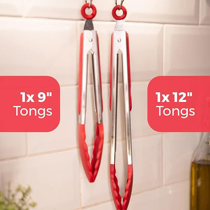 StarPack Premium Silicone Kitchen Tongs Set of 2 (9-Inch & 12-Inch) - Stainless Steel with Non-Stick Silicone Tips, High Heat Resistant to 480°F, For Cooking, Serving, Grill, BBQ & Salad (Cherry Red) - Image 4