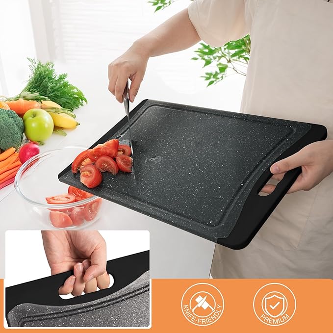 Extra Large Cutting Boards, Plastic Cutting Boards for Kitchen (Set of 3) Cutting Board Set Dishwasher Chopping Board with Juice Grooves Easy-Grip Handles, Dark Grey, Empune - Image 3