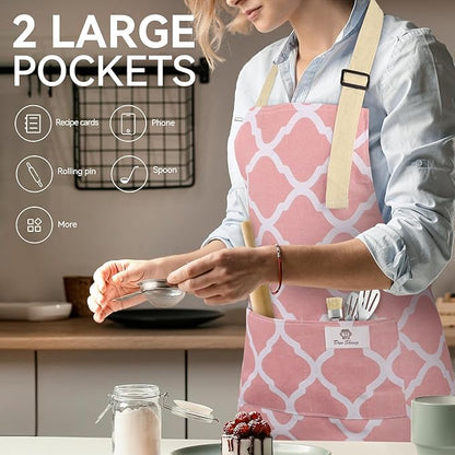 2 Pieces Aprons for Women with Pockets, Cotton Linen Waterproof Kitchen Cooking Aprons, Chef Apronfor Men Women with Adjustable Neck Strap and Long Ties(Pink/Green)