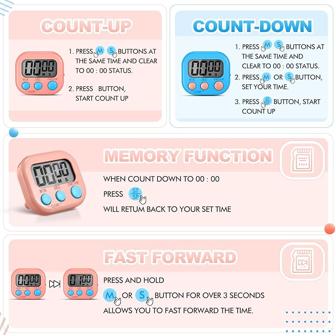 Xuhal 12 Pieces Digital Kitchen Timer Bulk, Small Magnetic Timers for Classroom, Digits Stopwatch Clock Timer for Cooking Baking Sports Games Office, Not Including Battery (Pink,Blue) - Image 3