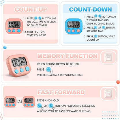 Xuhal 12 Pieces Digital Kitchen Timer Bulk, Small Magnetic Timers for Classroom, Digits Stopwatch Clock Timer for Cooking Baking Sports Games Office, Not Including Battery (Pink,Blue) - Image 3