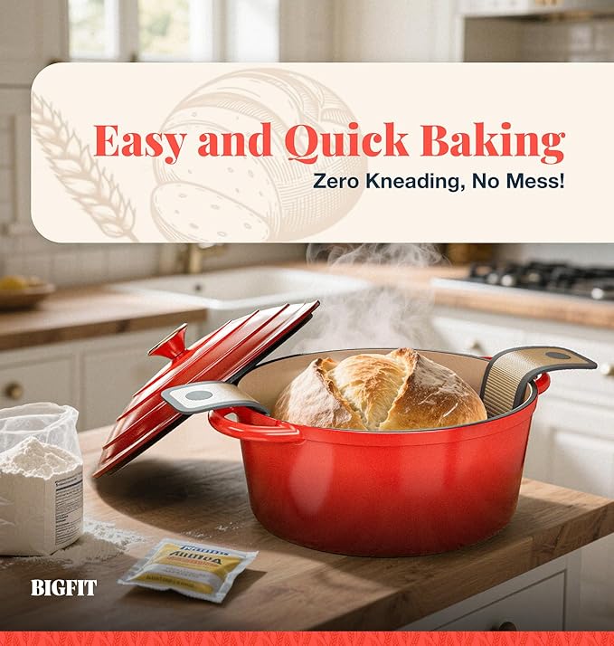 Cast Iron Dutch Oven for Bread Baking, With Banneton Bread Proofing Basket & Sourdough Baking Supplies, 5QT Multi-Functional Enameled Dutch Oven Pot with Lid, Cast Iron Bread Pan, Red - Image 2