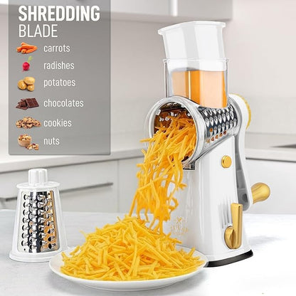 Zulay Kitchen Rotary Cheese Grater 5 Blade Cheese Shredder - Manual Hand Crank Cheese Grater With Reinforced Suction & 5 Interchangeable Drums - Easy to Use, Vegetable Chopper Round Mandoline Slicer - Image 3