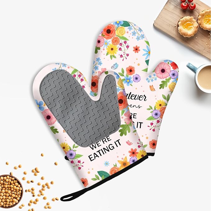 Funny Oven Mitts & Pot Holder Set, Heat Resistant Silicone Oven Mitts, Humorous Baking Gifts for Couple, Birthday Mother's Day Housewarming Gift for Family, New Homeowners