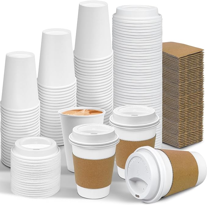 Ginkgo 100 Pack 12 oz Leak-Proof Coffee Cups with Lids and Sleeves Disposable To Go Hot Travel Paper Cups, Hot Chocolate, Cocoa, Tea, Coffee Bar Accessories by HOME