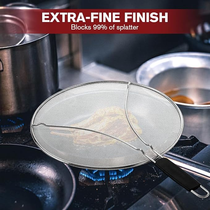 Splatter Screen for Frying Pan & Food Strainer,13 Inch Stainless Steel Grease Splatter Guard,Shield from Splashing Oil, Dishwasher Safe(Black) - Image 4