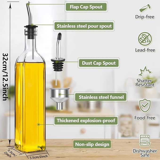 Leaflai 17oz Olive Oil Dispenser Bottle, 500ml Oil & Vinegar Cruet with 2 Stainless Steel Pourers, 2 Labels,1 Brush and 1 Funnel for Kitchen - Image 3