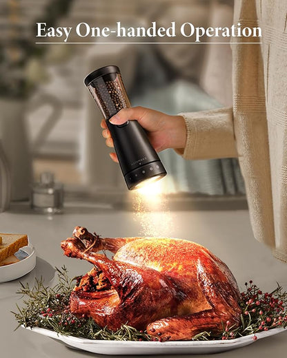 Electric Salt and Pepper Grinder Set with 4.5oz Large Capacity, Stainless Steel Rechargeable Salt and Pepper Grinder with 1.8" Wide Mouth, Storage Base,Adjustable Coarseness, and One-Hand Operation