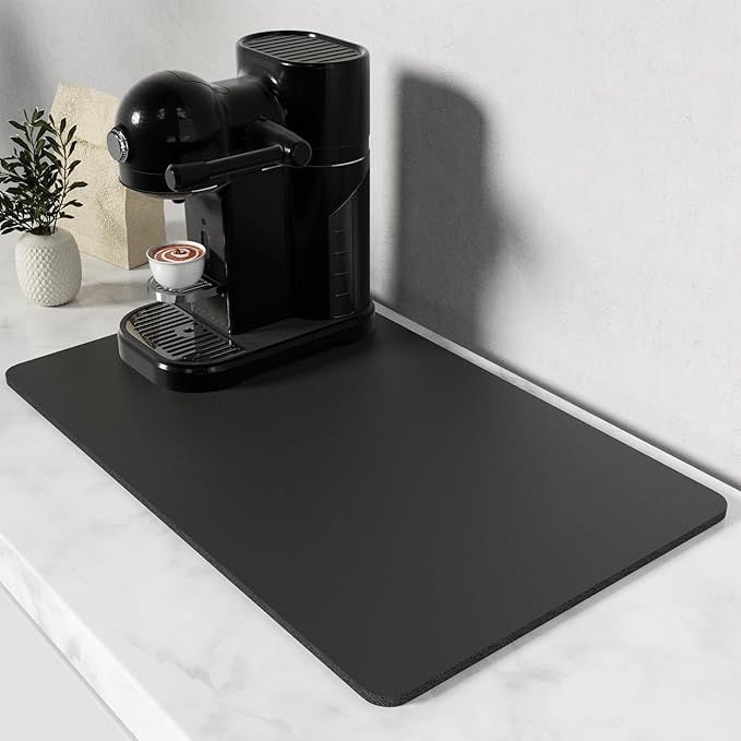 Rnivvi Coffee Mat, 12" x 19" Coffee Bar Mats for Espresso Machine Station Accessories and Organizer, Hide Stain Rubber Backed Absorbent Dish Drying Pad for Kitchen Counter, Cute Bar Decor Pad, Black by Rnivvi