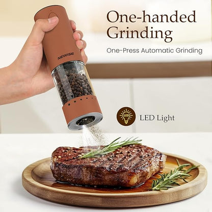 Newise Electric Salt and Pepper Grinder Set Rechargeable with LED Lights, Automatic Pepper & Salt Mill, Adjustable Coarseness, Large Capacity, Brown