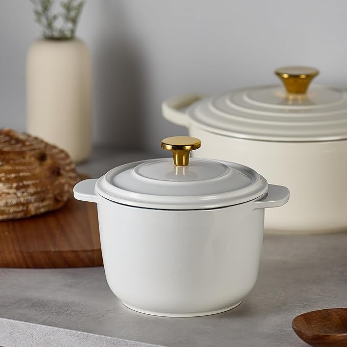 CAROTE 2QT Enameled Cast Iron Dutch Oven Pot with Lid, Mini Round, White
