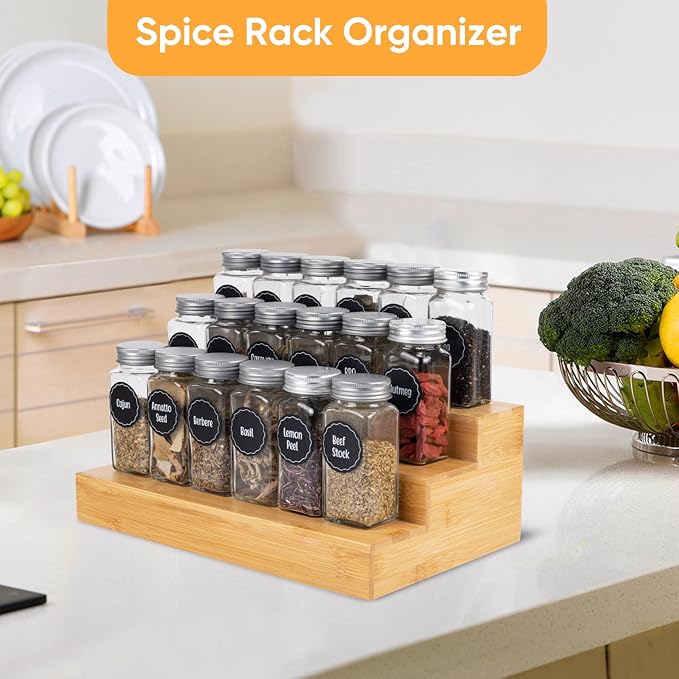 Bamboo Spice Rack Organizer for Cabinet 2 Pack - 3 Tier Countertop Step Shelf, Seasoning Storage Stand for Kitchen Pantry, Spice Holder for Jars Bottles Cans (Natural) - Image 4