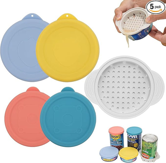 4 Packs Silicone Lids (3.0-inch & 3.5-inch) Bundle with 1 Pack Can Strainer | Can Strainer for Canned Food | Tuna Drainer | Reusable Can Lids | Dishwasher Safe | 5 PCs Canning Duo