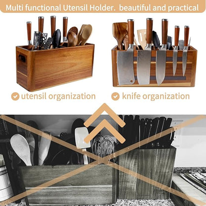 Wooden Kitchen Utensil Holder Organizer for Counter or Countertop, Large Wooden Utensil Holder 4 Compartment, Acacia Wood Container Extra Large.with Strong Magnets Multifunctional Storage Knife Holder - Image 3