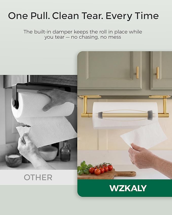 Gold Paper Towel Holder Under Cabinet, Self Adhesive or Wall Mount for Kitchen Bathroom, Stainless Steel Paper Towel Holders with Damping Effect, Single Hand Operable - Image 6
