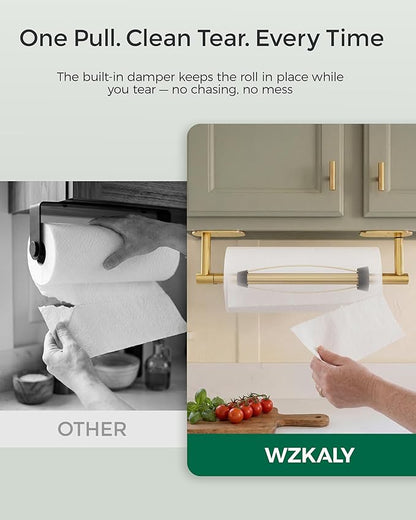 Gold Paper Towel Holder Under Cabinet, Self Adhesive or Wall Mount for Kitchen Bathroom, Stainless Steel Paper Towel Holders with Damping Effect, Single Hand Operable - Image 6