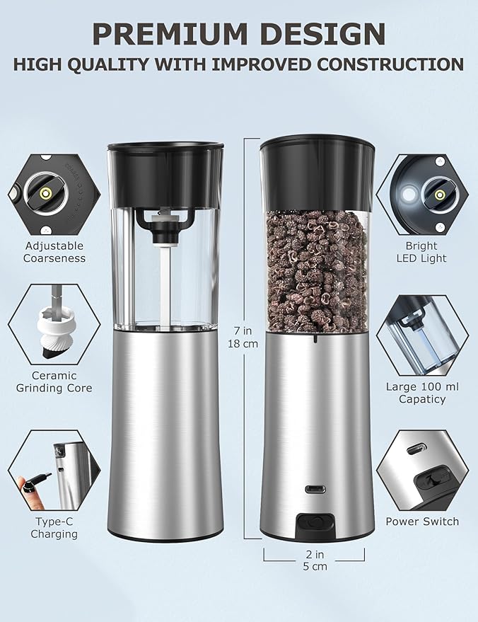 innhom Gravity Electric Salt and Pepper Grinder Set Stainless Steel Salt Grinder Pepper Mill Automatic Salt and Pepper Grinder Set with Adjustable Coarseness