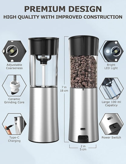 innhom Gravity Electric Salt and Pepper Grinder Set Stainless Steel Salt Grinder Pepper Mill Automatic Salt and Pepper Grinder Set with Adjustable Coarseness