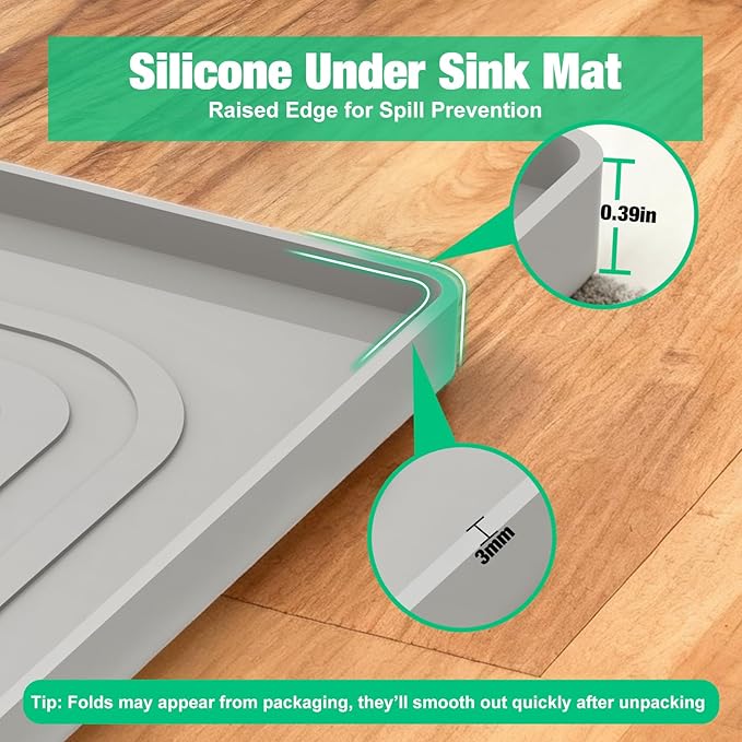 Aisslro Under Sink Mat 34" X 22", Waterproof Silicone Cabinet Organizer Protector with Raised Edge, Kitchen & Bathroom Leak Tray, Shelf Liner & Pet Feeding Mat for Dog Cat Food Mats, Gray