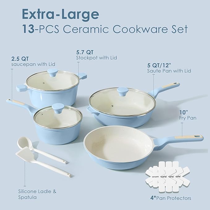 SENSARTE Nonstick Ceramic Cookware Set Large 13-Piece, Healthy Pots and Pans Set Dishwasher Safe, Non-toxic Kitchen Cooking Set with Stay-Cool Handles, Induction Compatible, PFAS Free, Blue - Image 5