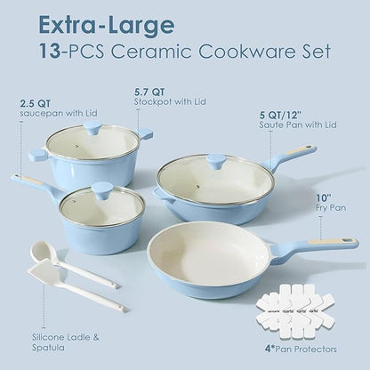 SENSARTE Nonstick Ceramic Cookware Set Large 13-Piece, Healthy Pots and Pans Set Dishwasher Safe, Non-toxic Kitchen Cooking Set with Stay-Cool Handles, Induction Compatible, PFAS Free, Blue - Image 5