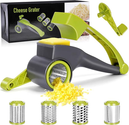 MASTERTOP Cheese Grater,Handheld Rotary Cheese Grater with 4 Stainless Steel Drums,Kitchen Graters Hand Crank for Cheese, Vegetables,Nuts,Chocolate