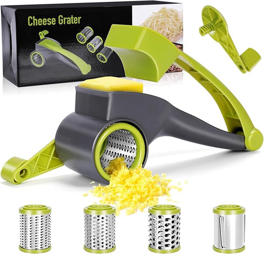 MASTERTOP Cheese Grater,Handheld Rotary Cheese Grater with 4 Stainless Steel Drums,Kitchen Graters Hand Crank for Cheese, Vegetables,Nuts,Chocolate