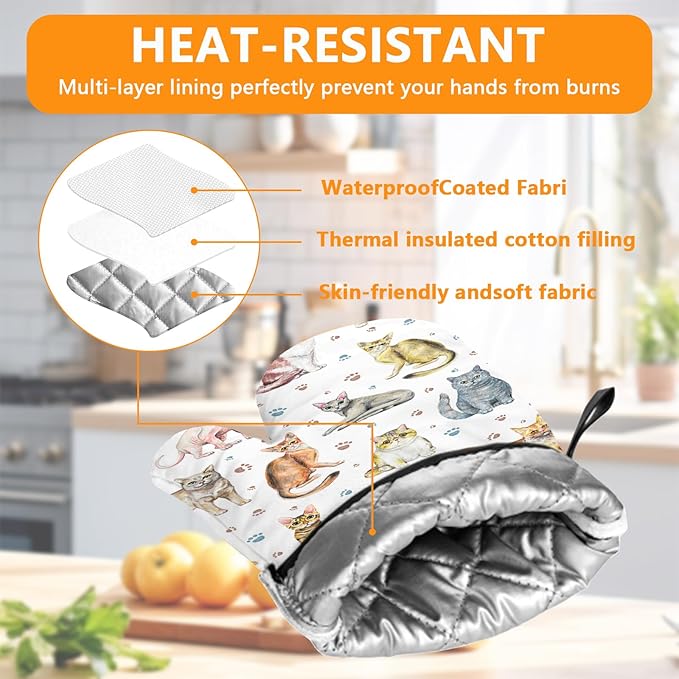 Cute Cats Oven Mitts and Pot Holders Sets 4Pcs,Extra Long Oven Gloves Potholder for Kitchen Cooking Baking BBQ 100% Cotton Heat Resistant - Image 3