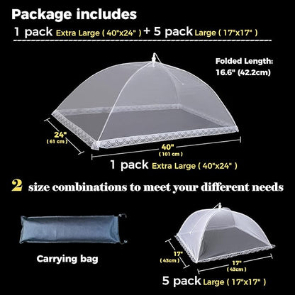 Mesh Food Covers for Outdoors,1 Pack 40"X24" Extra Large Food Net + 5 Pack 17"X17 Large Pop Up Mesh Food Tent Umbrella Food Covers for Outside Picnic Party BBQ Supplies