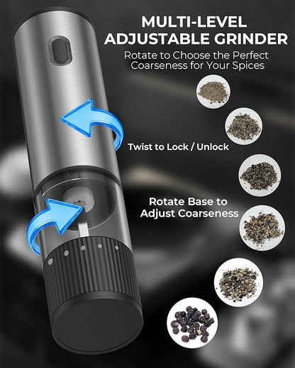 Electric Salt and Pepper Grinder Set, USB Rechargeable Salt and Pepper Shaker with LED Light, Stainless Steel Adjustable Automatic Pepper Mill for Kitchen, Dining