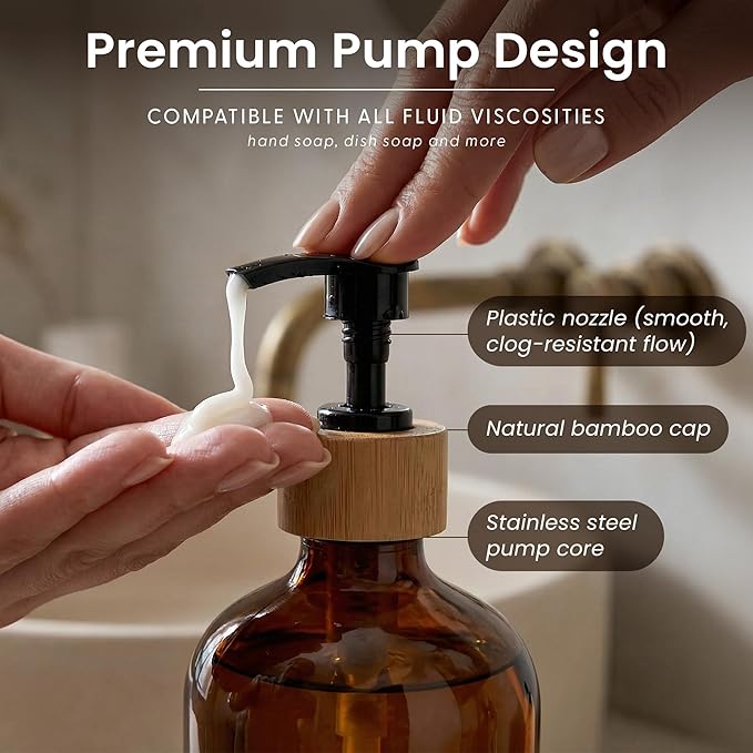 MaisoNovo Glass Dish Soap Dispenser for Kitchen Set of 2-16.9oz Amber Dish and Hand Soap Dispenser Set for Kitchen - Amber Glass Bottles x 2 with Black Bamboo Pumps & Tray