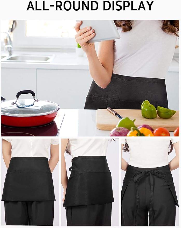 Syntus 3 Pack Server Aprons with 3 Pockets, 100% Cotton Waitress Waiter Waist Apron, 11.5-inch Black - Image 3