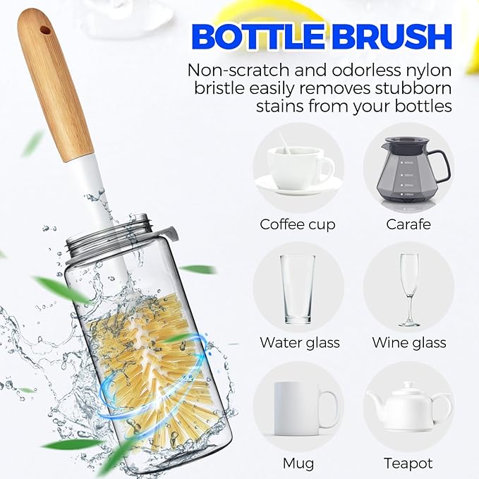 Holikme 6 Pack Dish Brush Set with Bottle Brush, Dish Scrub Brush, Pan Brush and 3 Straw Brushes, Deep Cleaning Handle Brush with Scraper Tip for Kitchen Sink Dishes Bottle Cup Pot and Pans (Yellow) - Image 4