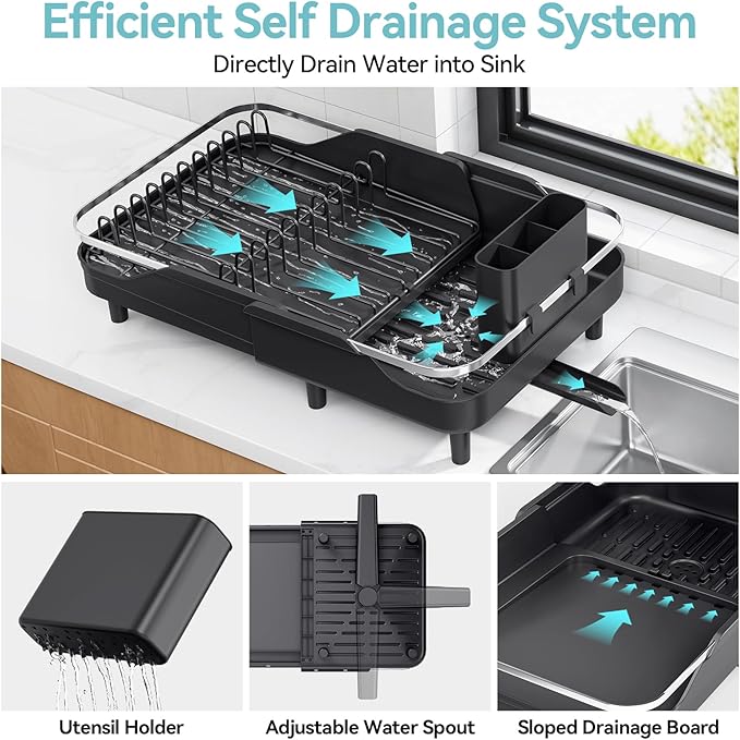 Urackify Expandable Dish Rack for Kitchen Counter,16.14"-23.62" Large Stainless Steel Dish Drying Rack with Adjustable Water Spout, Space Saving Dish Drainer with Auto Draining Cutlery Holder,Black - Image 3