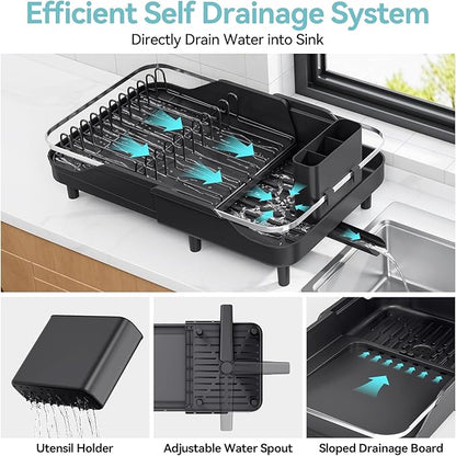 Urackify Expandable Dish Rack for Kitchen Counter,16.14"-23.62" Large Stainless Steel Dish Drying Rack with Adjustable Water Spout, Space Saving Dish Drainer with Auto Draining Cutlery Holder,Black - Image 3