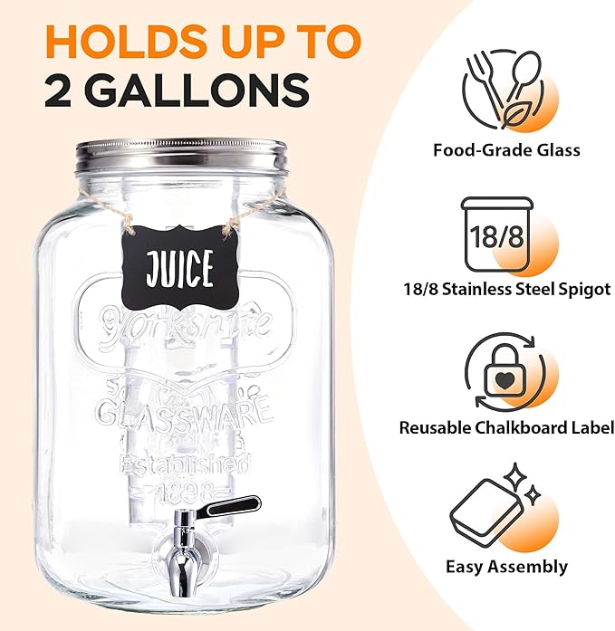 2 Gallon Large Glass Drink Dispenser Set, Beverage Dispensers with Stand & 18/8 Stainless Steel Spigot, Leakproof for Lemonade, Sun Tea & Iced Tea - Image 4