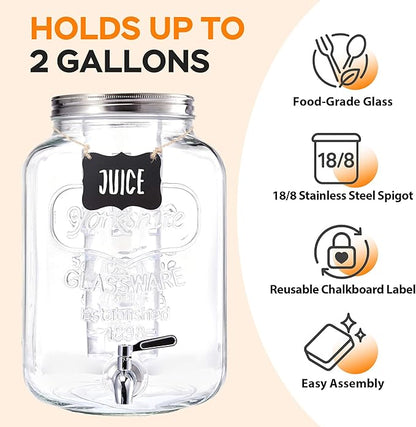 2 Gallon Large Glass Drink Dispenser Set, Beverage Dispensers with Stand & 18/8 Stainless Steel Spigot, Leakproof for Lemonade, Sun Tea & Iced Tea - Image 4