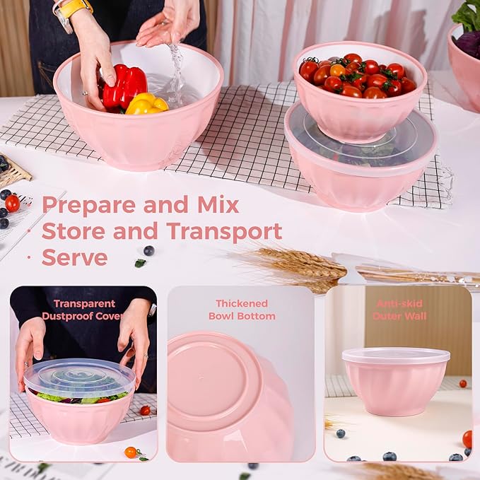 BoxedHome Mixing Bowls with Lids Set, 4PK Large 0.2” Thick Plastic Nesting Mixing Bowl, Microwave Safe,Size 1.37,2.32,3.8 and 5.07qt, Pink - Image 5