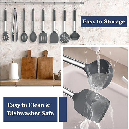TeamFar Kitchen Utensils, 8PCS Silicone Utensils Kitchen Tools Set with Stainless Steel Handle, for Nonstick Cookware Frying Flipping Draining, Healthy & Anti-heat, Nonstick & Dishwasher Safe - Gray - Image 6