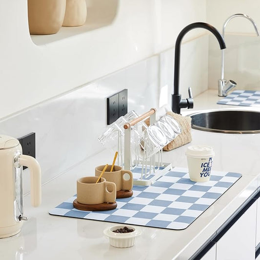Ohocut Checkered Dish Drying Mat for Kitchen Counter, Coffee Bar, Coffee Station Accessories, Retro Cute Aesthetic Modern Absorbent Drainer Mat Kitchen Drying Mat Easy Clean, Blue 16" x 24" by Ohocut
