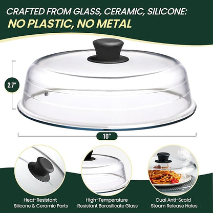 2 in 1, Glass Microwave Splatter Cover for Food & Microwave Place Mat, Plate Splatter Guard Lid with Easy Grip Silicone Handle Knob, Borosilicate Glass with Vent Hole, Food Grade, No Plastic, 10in - Image 2