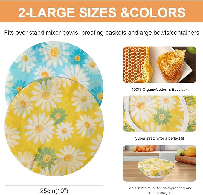 2Pcs Reusable Bowl Covers for Bread Proofing - Cotton Beeswax Bowl Covers Reusable with Elastic Rim, Eco-Friendly Sourdough Bowl Cover for Food Storage (10INCH) (Yellow & Blue daisy)