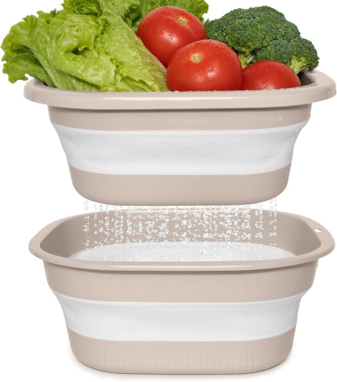 Collapsible Colander and Sink Basin Set - 2 in 1 Collapsible Colander Strainer with Collapsible Wash Basin for Kitchen, RV Camping, Foldable Fruit Vegetable Washing Basket, 4 QT, Pink