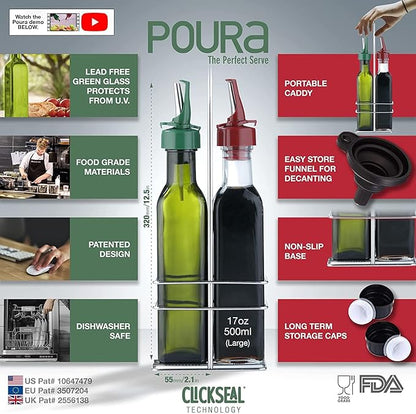Poura Vinegar and Olive Oil Bottle Drizzler Set with ClickSeal BPA Free Pour Spouts | Glass Oil & Vinegar Dispenser Bottles for Cooking & Dining | Hygienic Covers + Silicone Decanter Funnel 500ml
